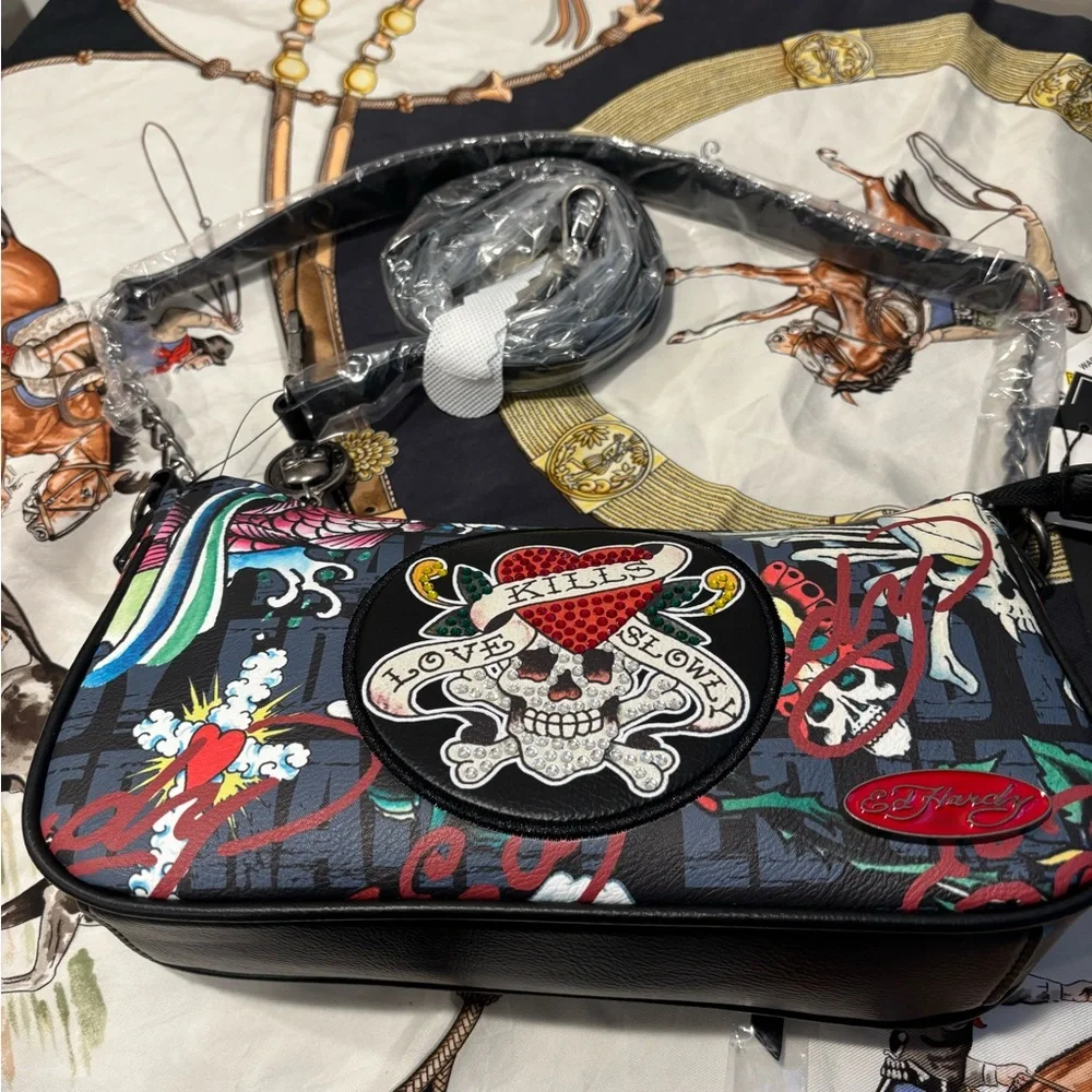 Ed Hardy Graphic Designed Handbag, NWT and Leather Cuff Bracelet, Preowned